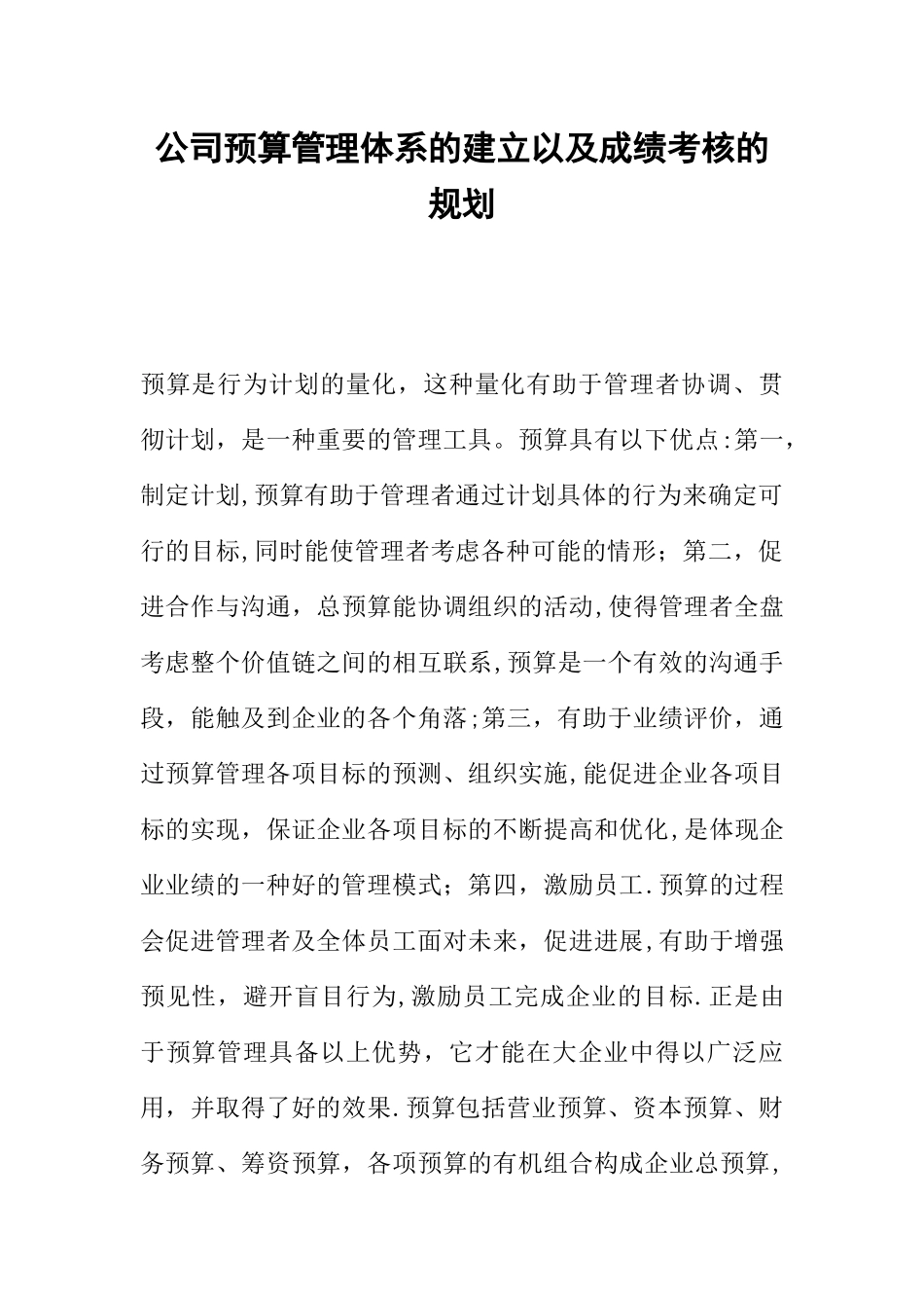 公司预算管理体系的建立以及成绩考核的规划_第1页