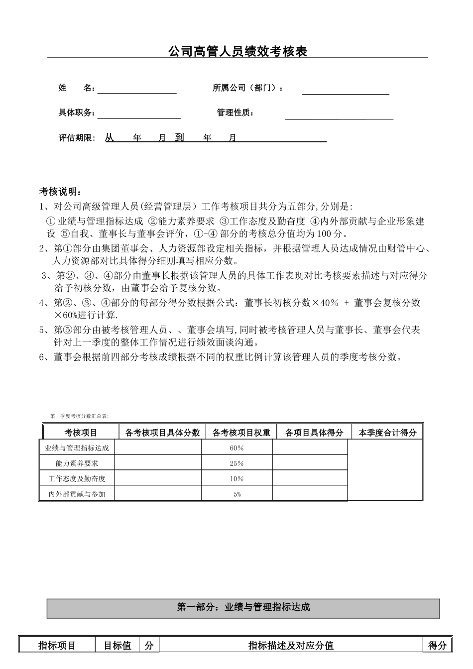 公司高层管理人员考核表_第1页