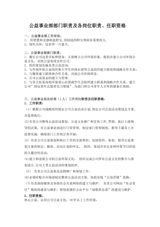 公益事业部部门职责及各岗位职责、任职资格