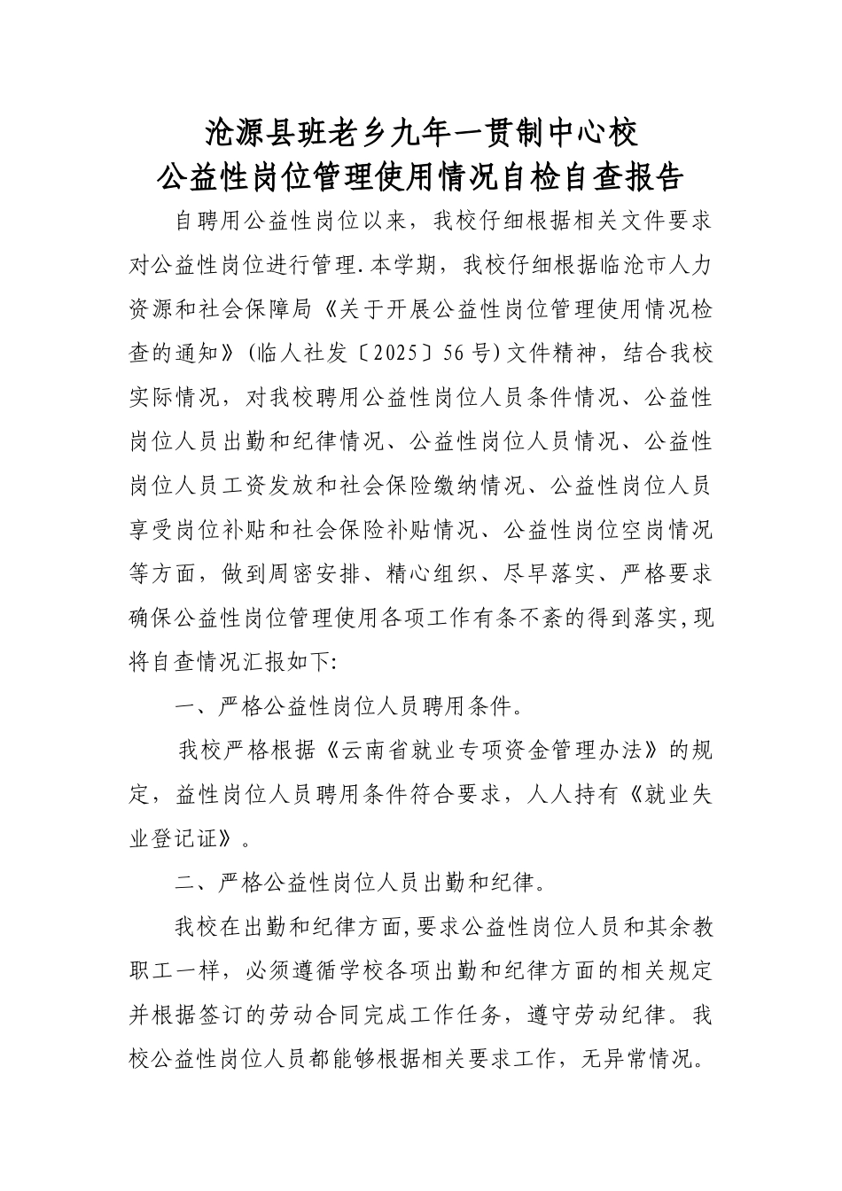 公益性岗位管理使用情况自检自查报告_第1页