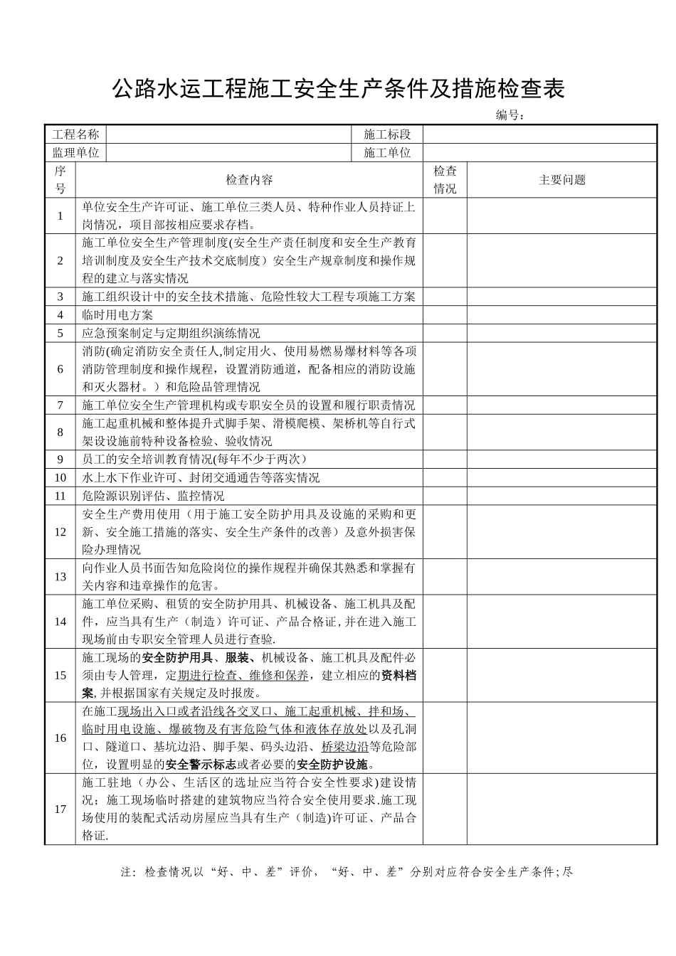 公路安全生产检查表--施工_第1页