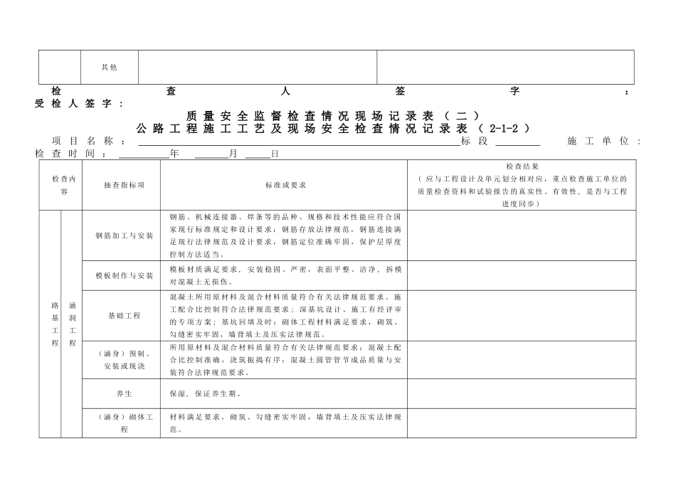 公路工程项目施工工艺及现场安全检查记录表_第2页