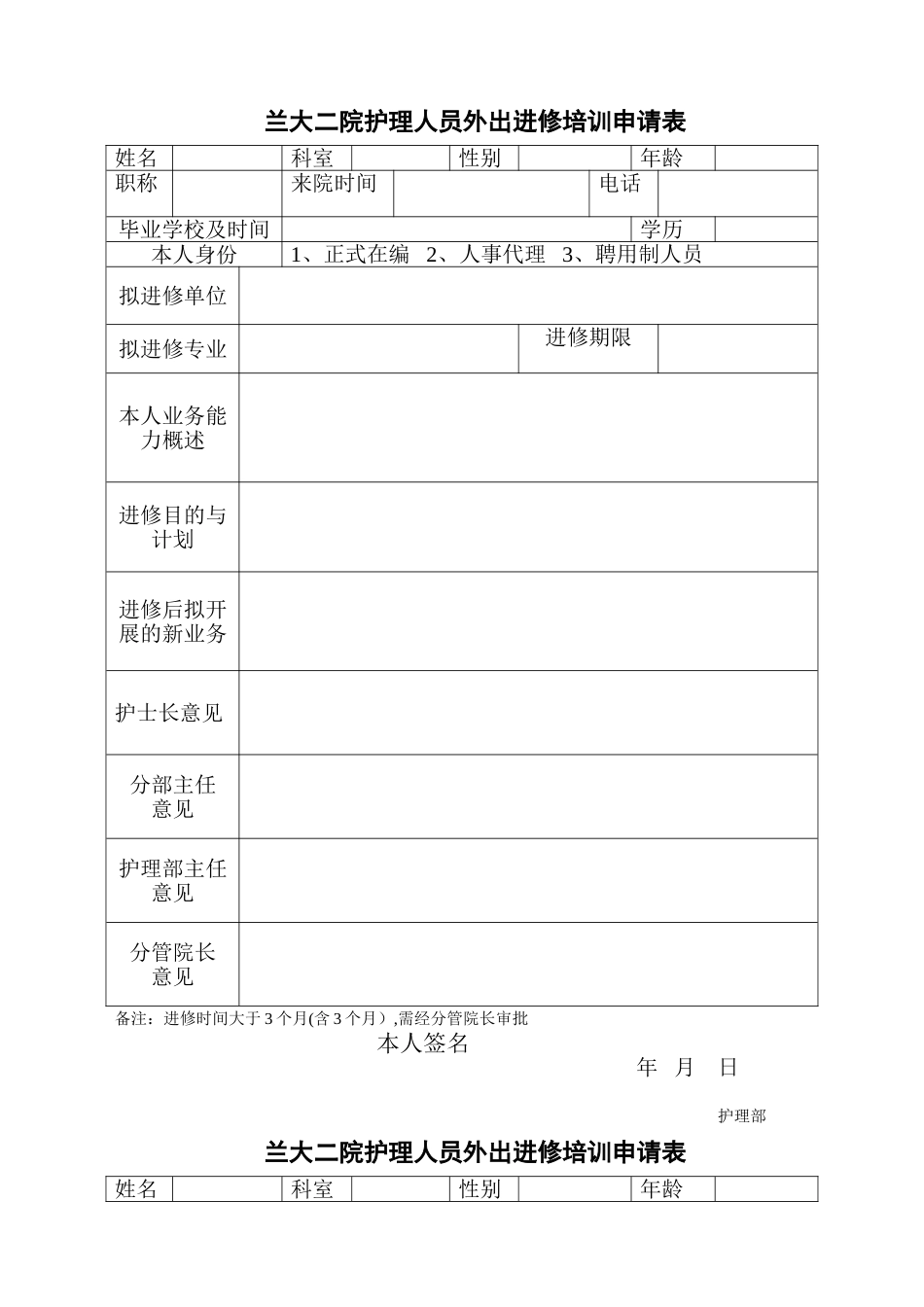 兰大二院护理人员外出进修培训申请表_第1页