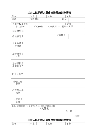 兰大二院护理人员外出进修培训申请表