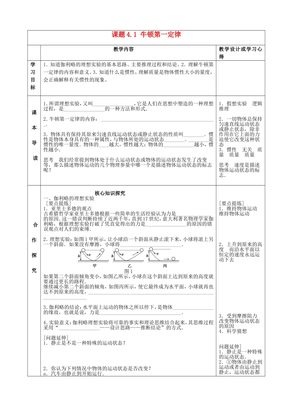 高中物理 4.1 牛顿第一定律导学案 新人教版必修1-新人教版高一必修1物理学案_第1页