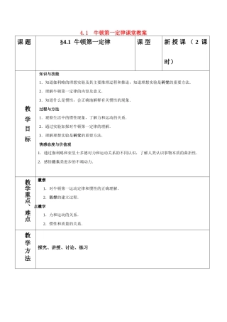 高中物理 4.1牛顿第一定律教案 新人教版必修1
