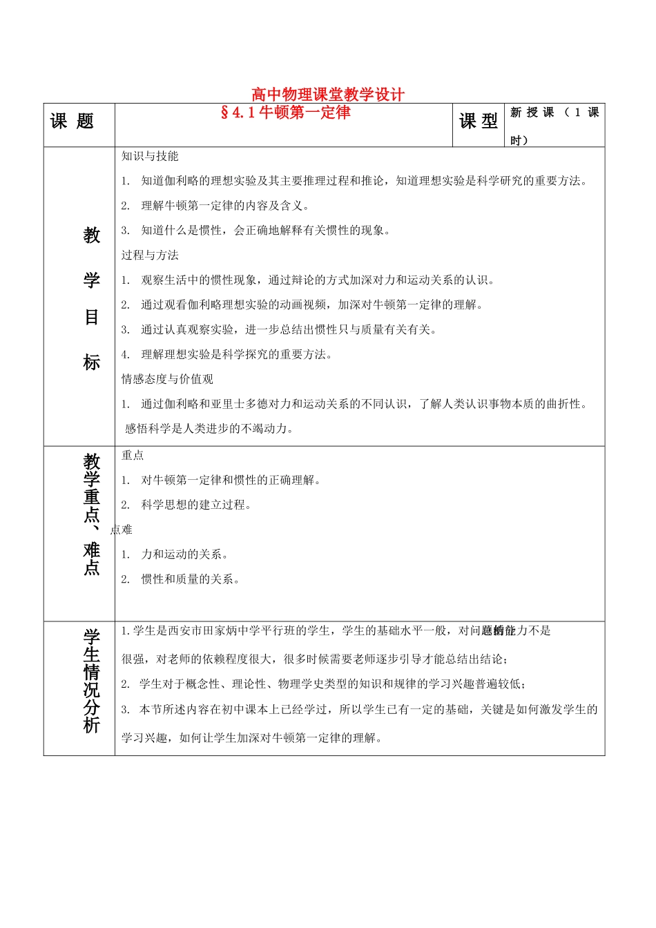 高中物理 4.1牛顿第一定律教学设计 新人教版必修1_第1页