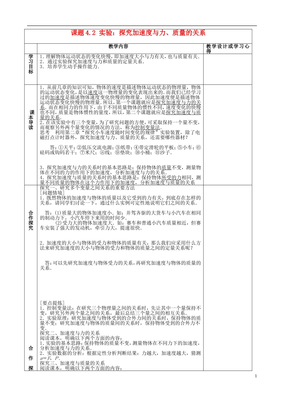 高中物理 4.2 实验 探究加速度与力、质量的关系导学案 新人教版必修1-新人教版高一必修1物理学案_第1页