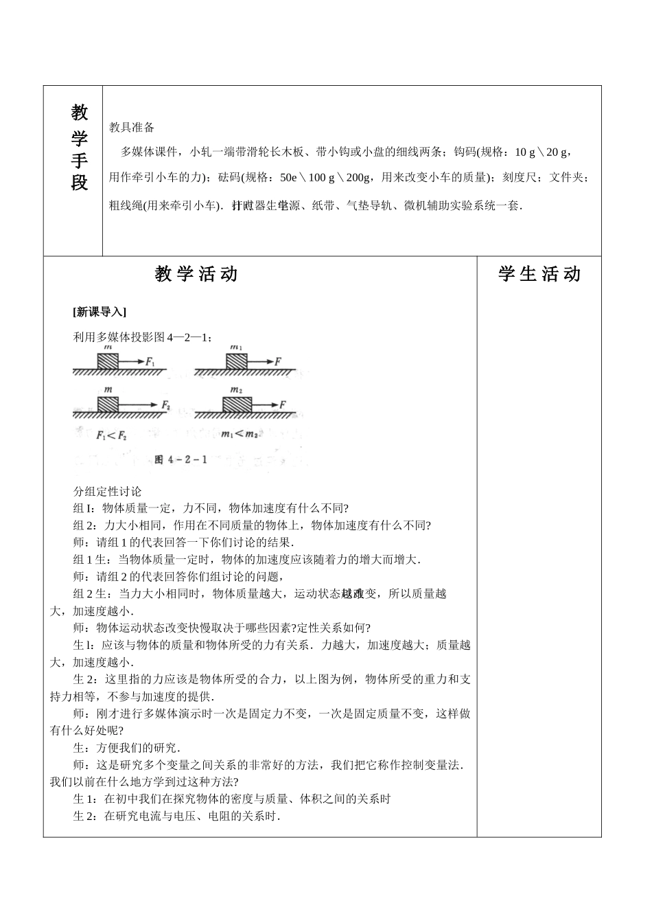 高中物理 4.2实验探究加速度、力和质量的关系教案 新人教版必修1_第2页