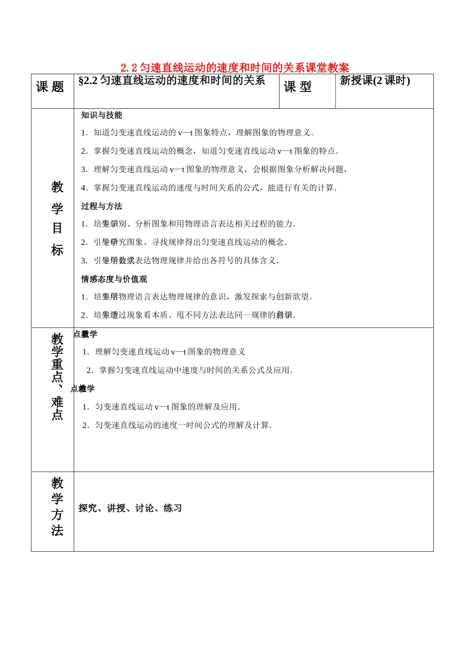 高中物理 2.2匀速直线运动的速度和时间的关系教案 新人教版必修1_第1页