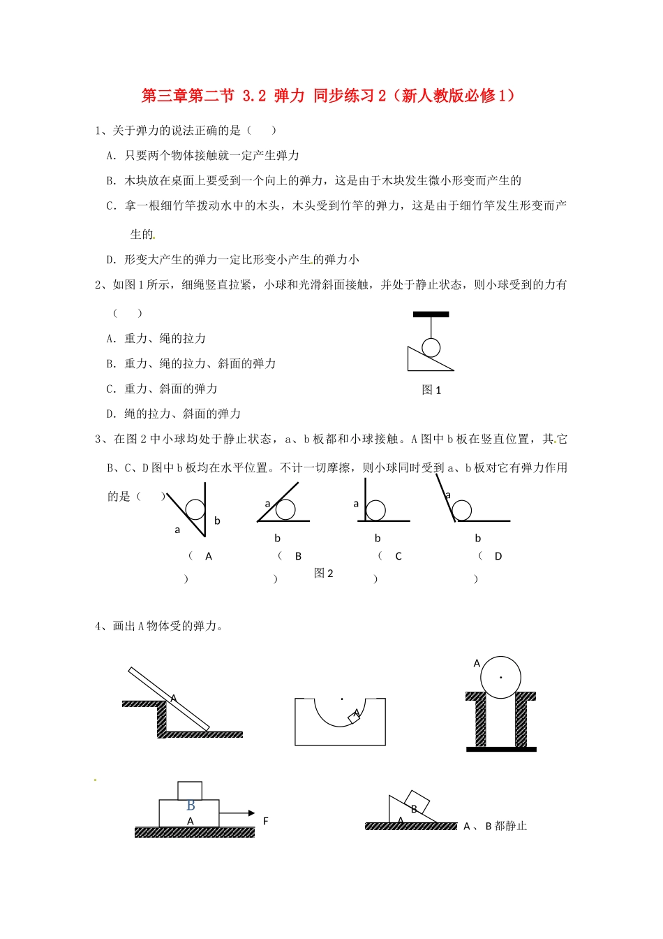 高中物理 3.2 弹力同步练习2 新人教版必修1_第1页