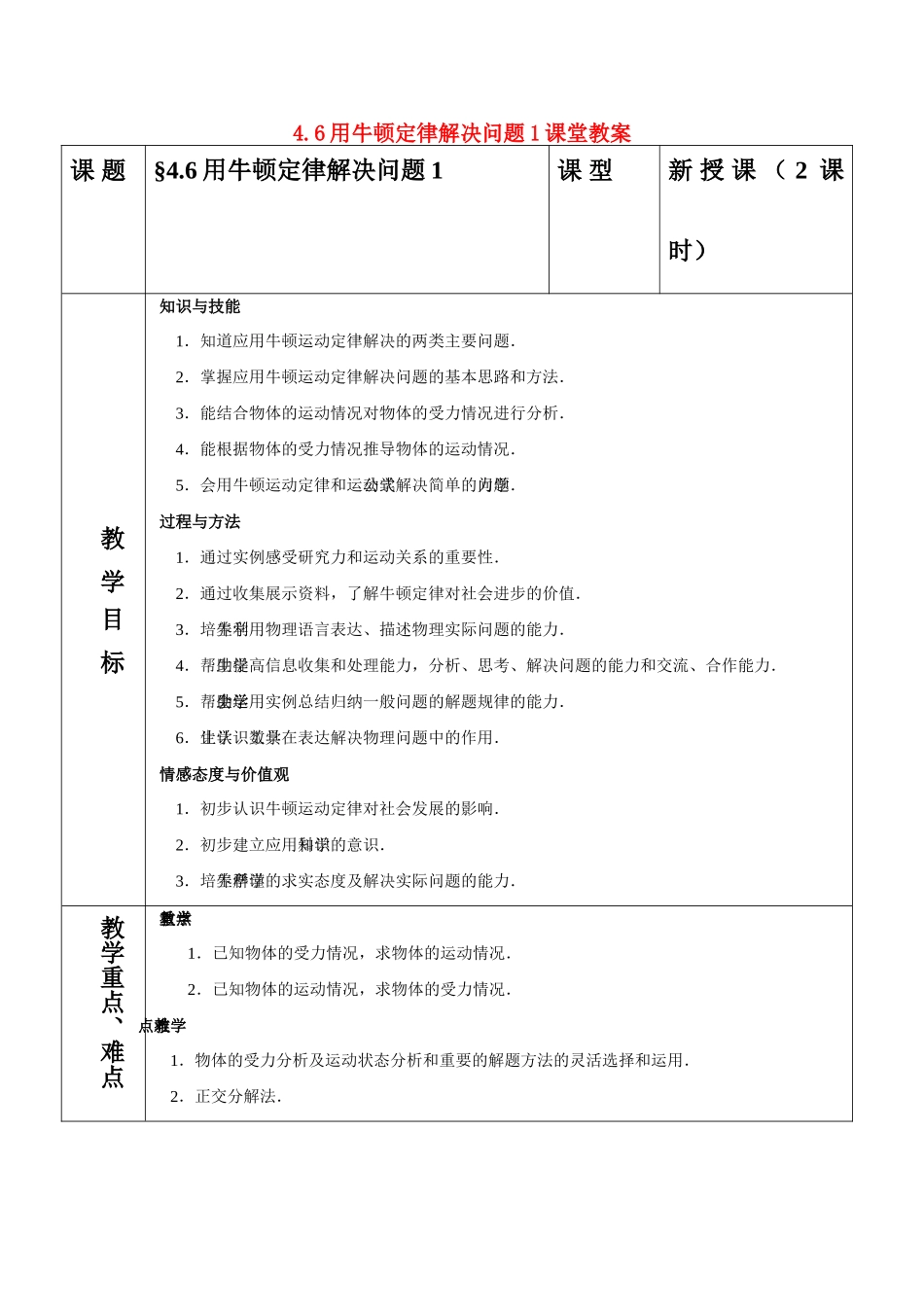 高中物理 4.6用牛顿定律解决问题1教案 新人教版必修1_第1页