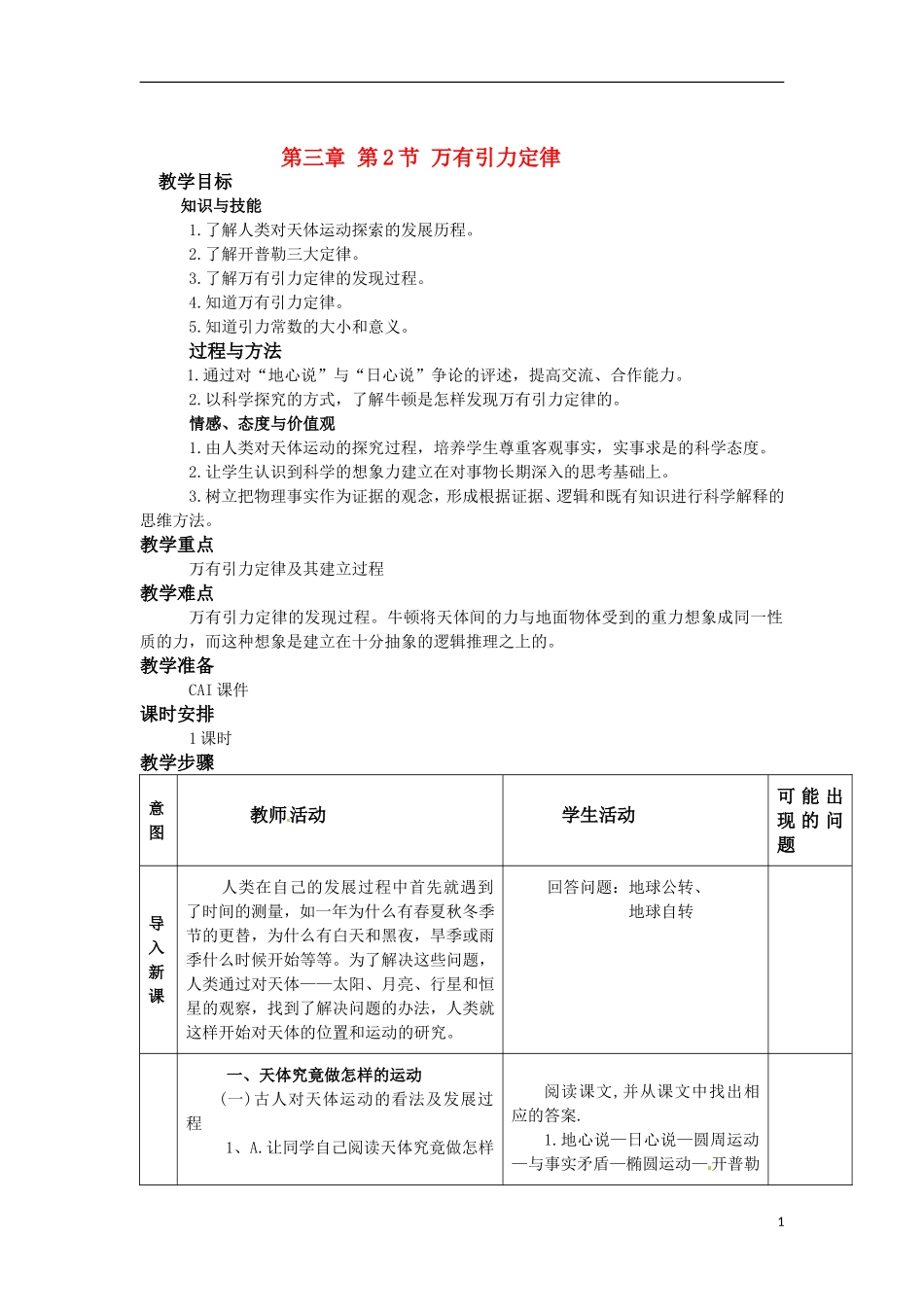 高中物理 3.2《万有引力定律》教案 教科版必修2_第1页