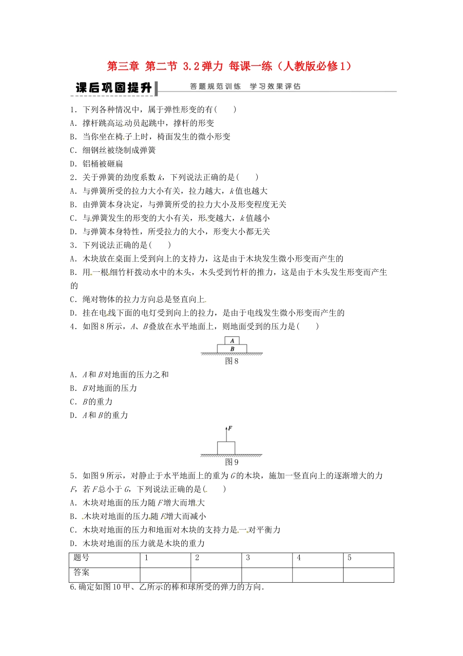 高中物理 3.2弹力 每课一练 新人教版必修1_第1页