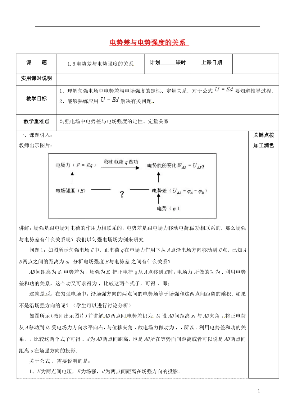 高中物理 1.6 电势差与电势强度的关系教学案 新人教版选修3-1-新人教版高二选修3-1物理教学案_第1页