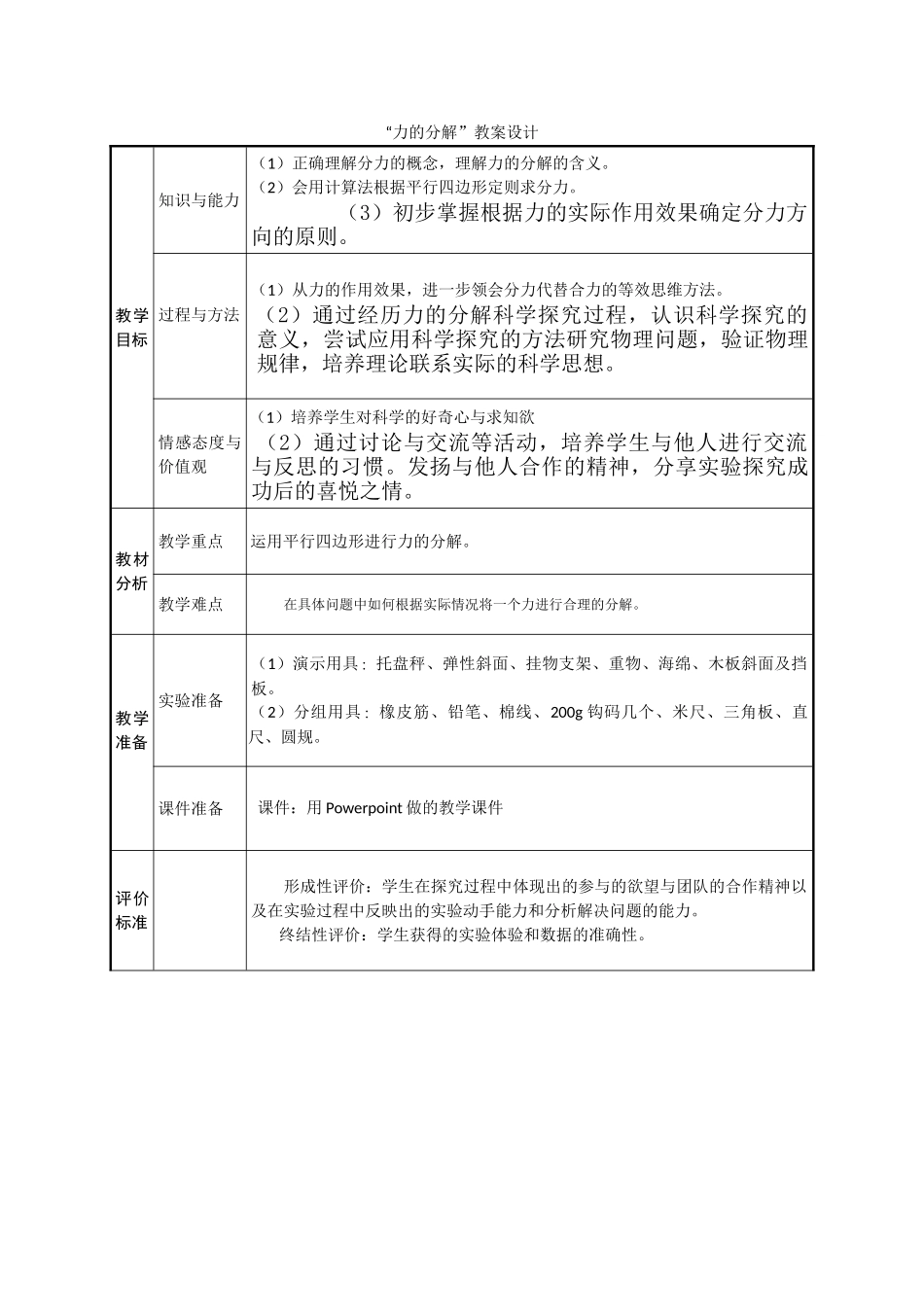 高中物理 3.5《力的分解（一）》教案设计 新人教版必修1_第1页
