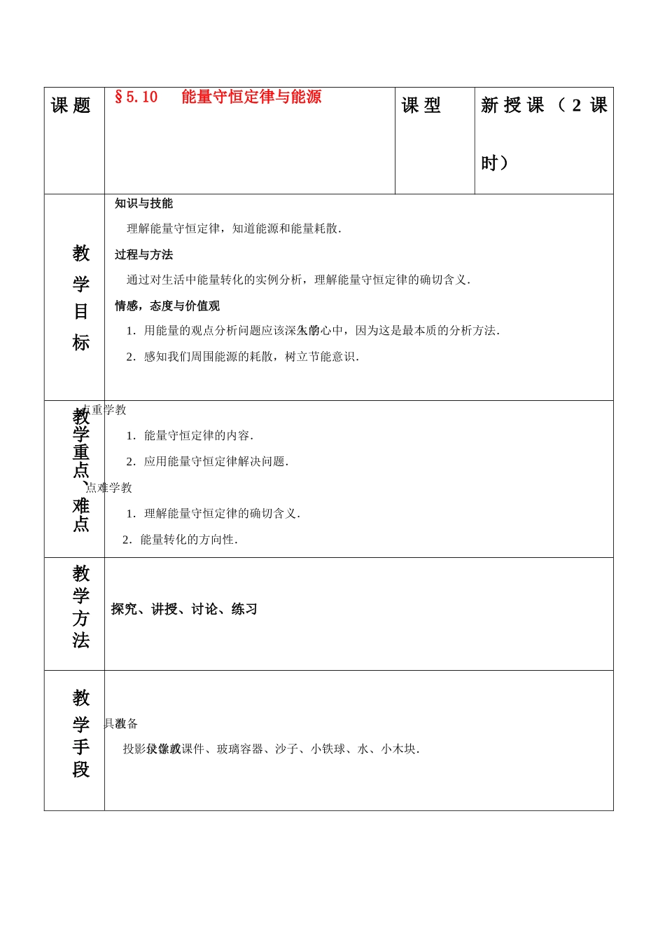 高中物理 5.10能量守恒定律与能源教案 新人教版必修2_第1页