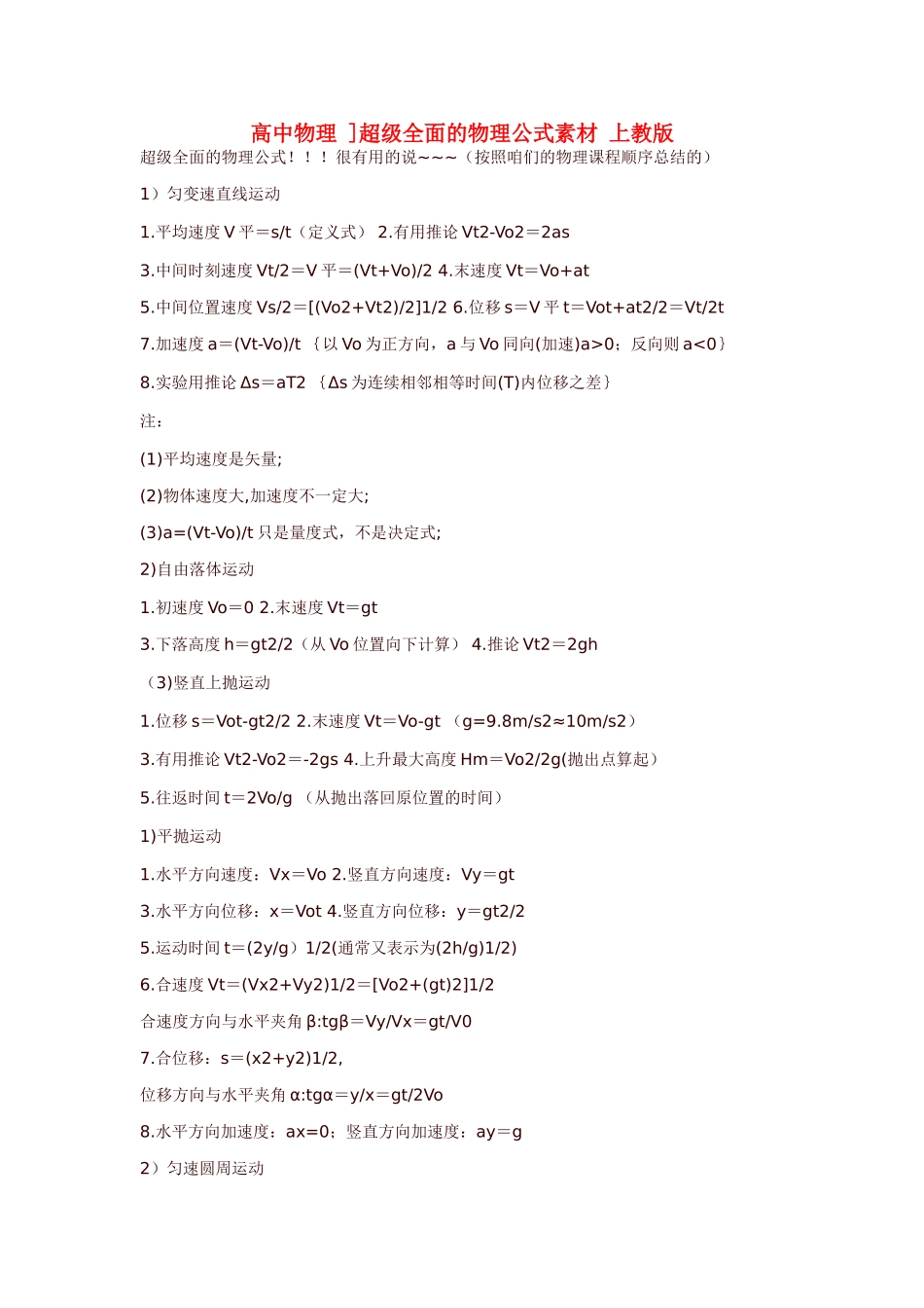 高中物理 ]超级全面的物理公式素材 上教版_第1页