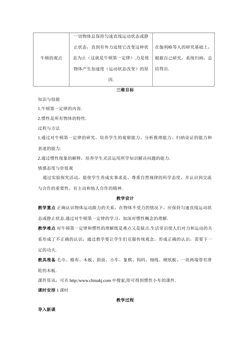 高中物理 第1节牛顿第一定律优秀教案（教师版） 鲁科版必修1_第2页