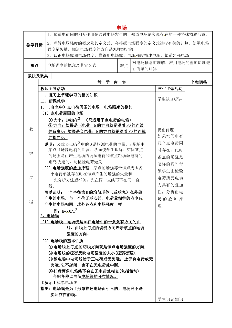 高中物理 第1章 电场 电流 1.2 电场（2）教案 新人教版选修1-1-新人教版高二选修1-1物理教案_第1页