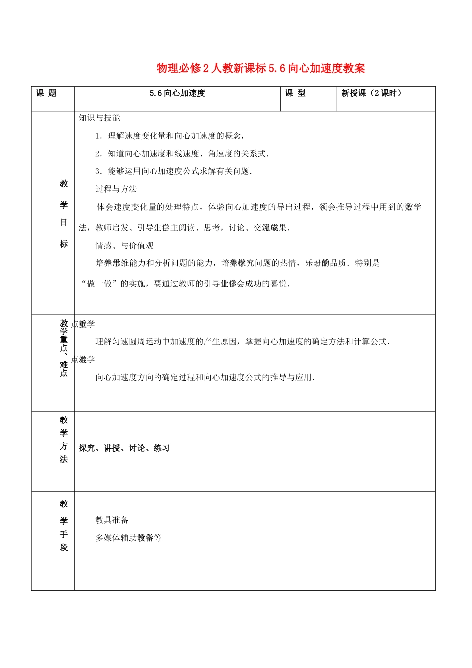 高中物理 5.6向心加速度教案 新人教版必修2_第1页