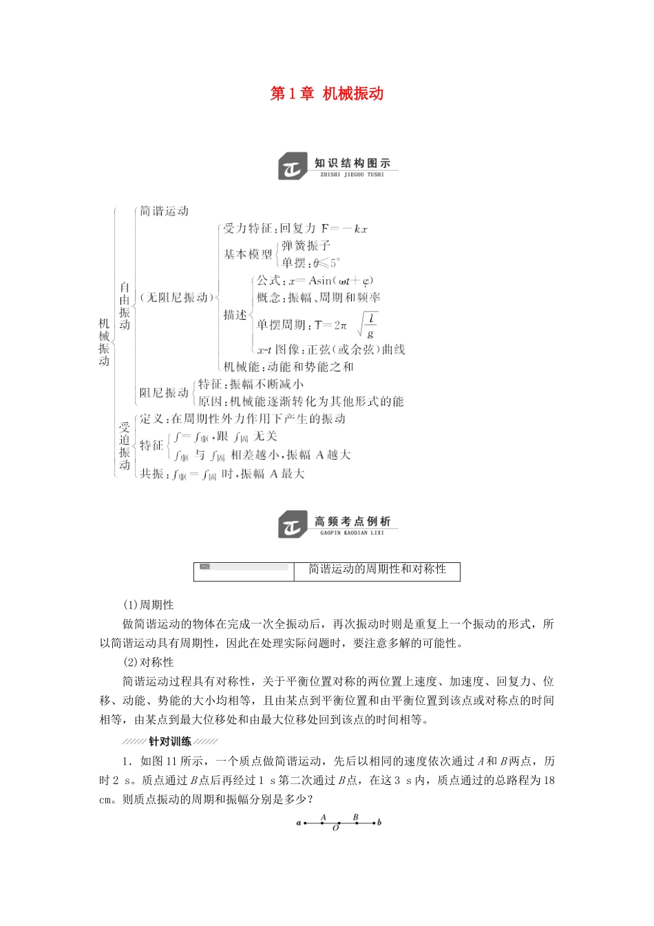 高中物理 第1章 机械振动 章末小结与测评教学案 鲁科版选修3-4-鲁科版高二选修3-4物理教学案_第1页