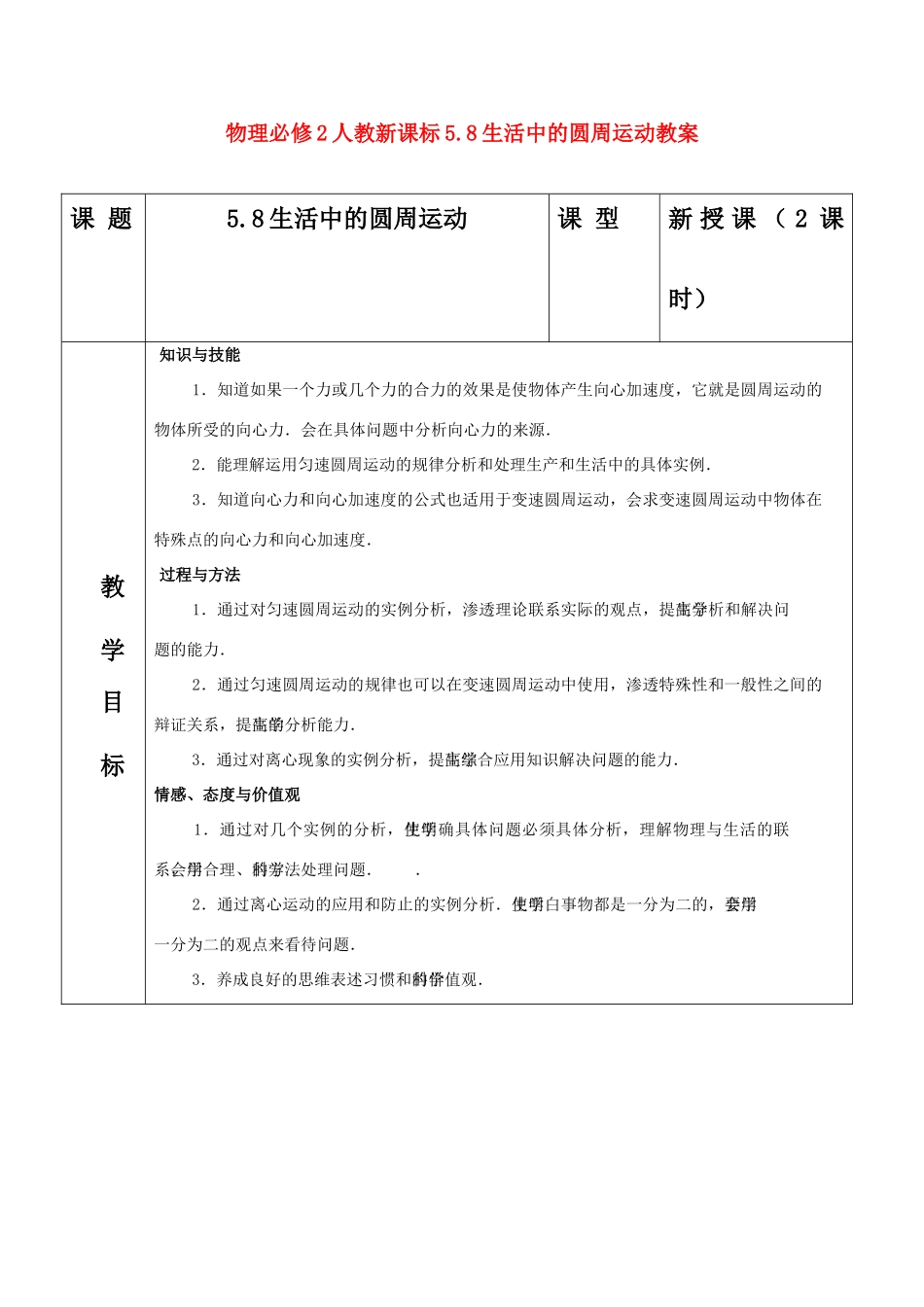 高中物理 5.8生活中的圆周运动教案 新人教版必修2_第1页