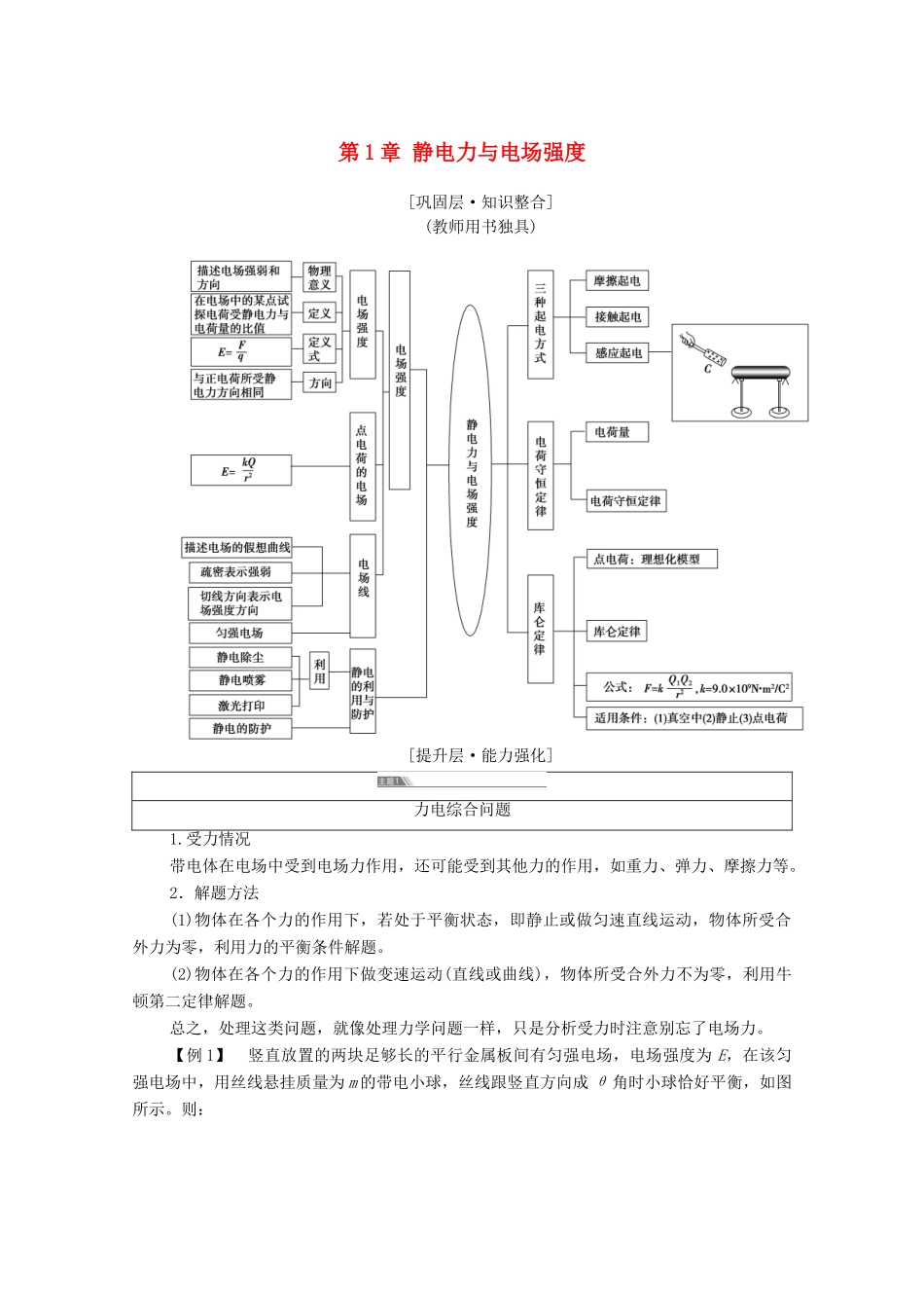 高中物理 第1章 静电力与电场强度 章末综合提升学案 鲁科版第三册-鲁科版高中第三册物理学案_第1页