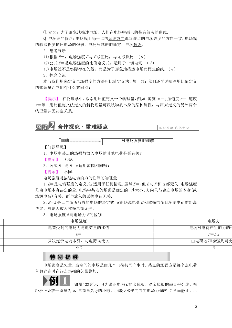 高中物理 第1章 静电与静电场 第3节 电场及其描述教师用书 鲁科版选修1-1-鲁科版高中选修1-1物理学案_第2页