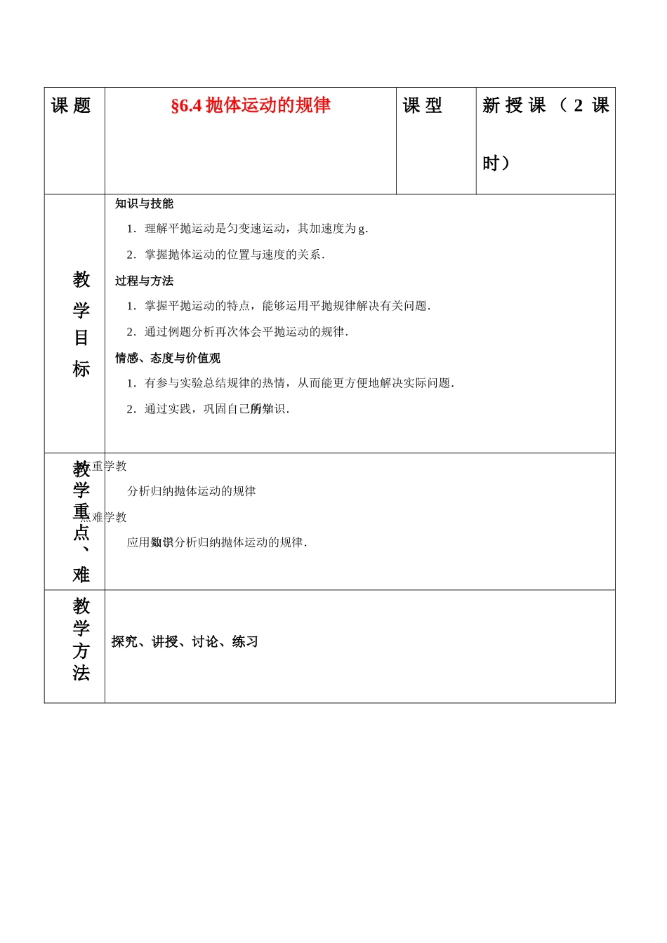 高中物理 6.4抛体运动的规律教案 新人教版必修2_第1页