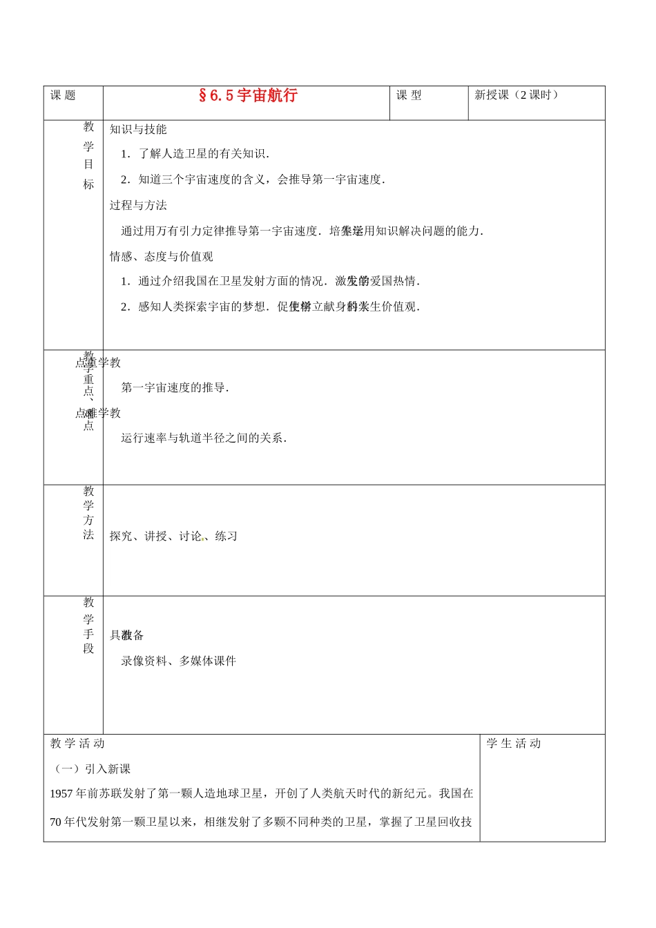 高中物理 6.5 宇宙航行教案 新人教版必修2-新人教版高中必修2物理教案_第1页