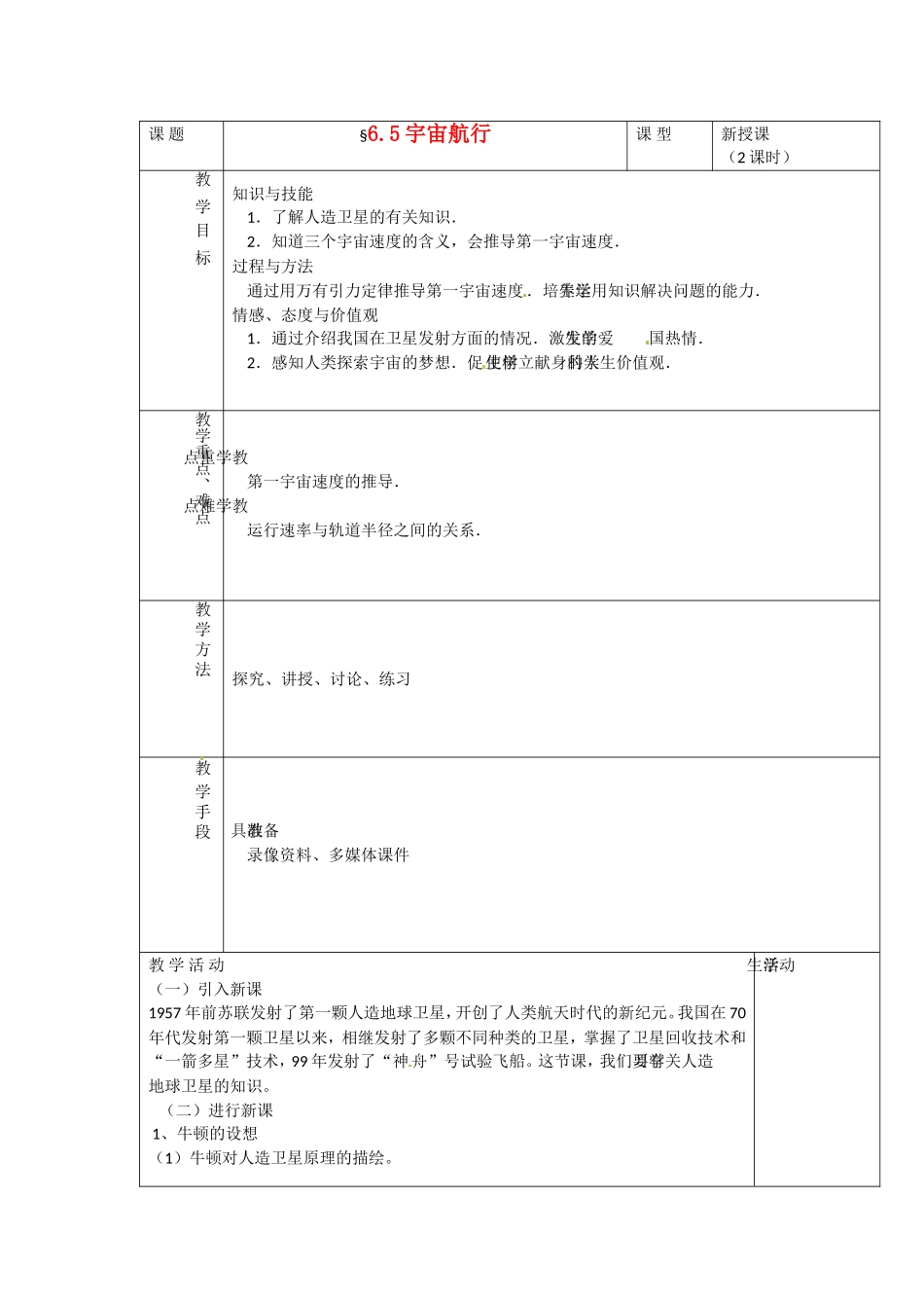 高中物理 6.5 宇宙航行学案 新人教版必修2-新人教版高中必修2物理学案_第1页