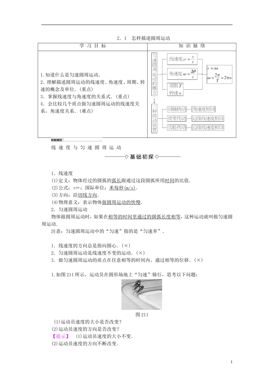 高中物理 第2章 研究圆周运动 2.1 怎样描述圆周运动教师用书 沪科版必修2-沪科版高一必修2物理学案_第1页