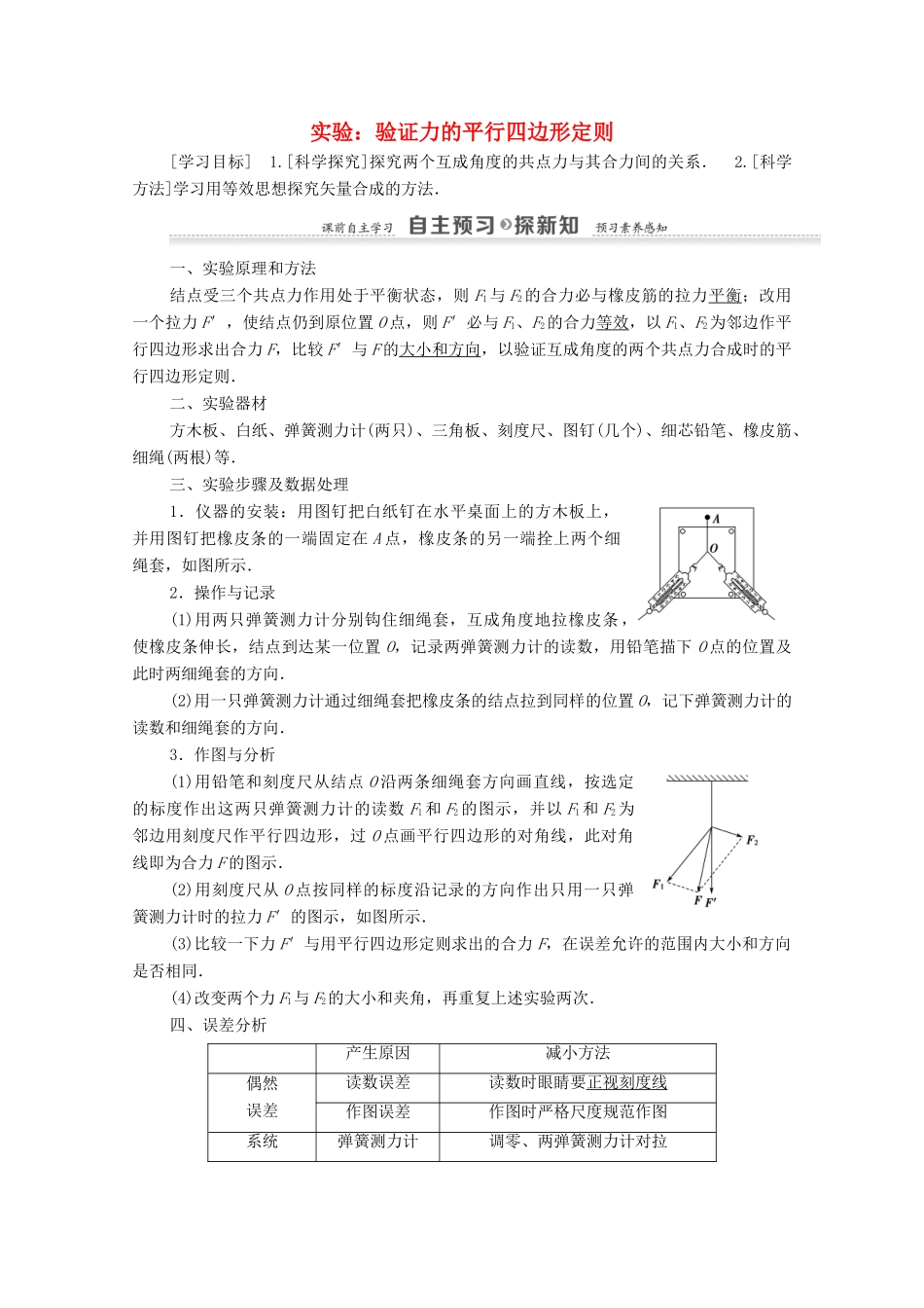 高中物理 第4章 力与平衡 实验：验证力的平行四边形定则学案 鲁科版必修1-鲁科版高中必修1物理学案_第1页