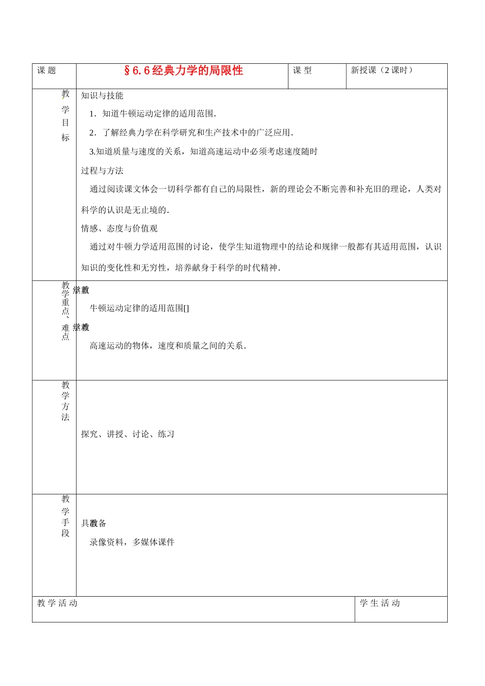 高中物理 6.6 经典力学的局限性教案 新人教版必修2-新人教版高中必修2物理教案_第1页