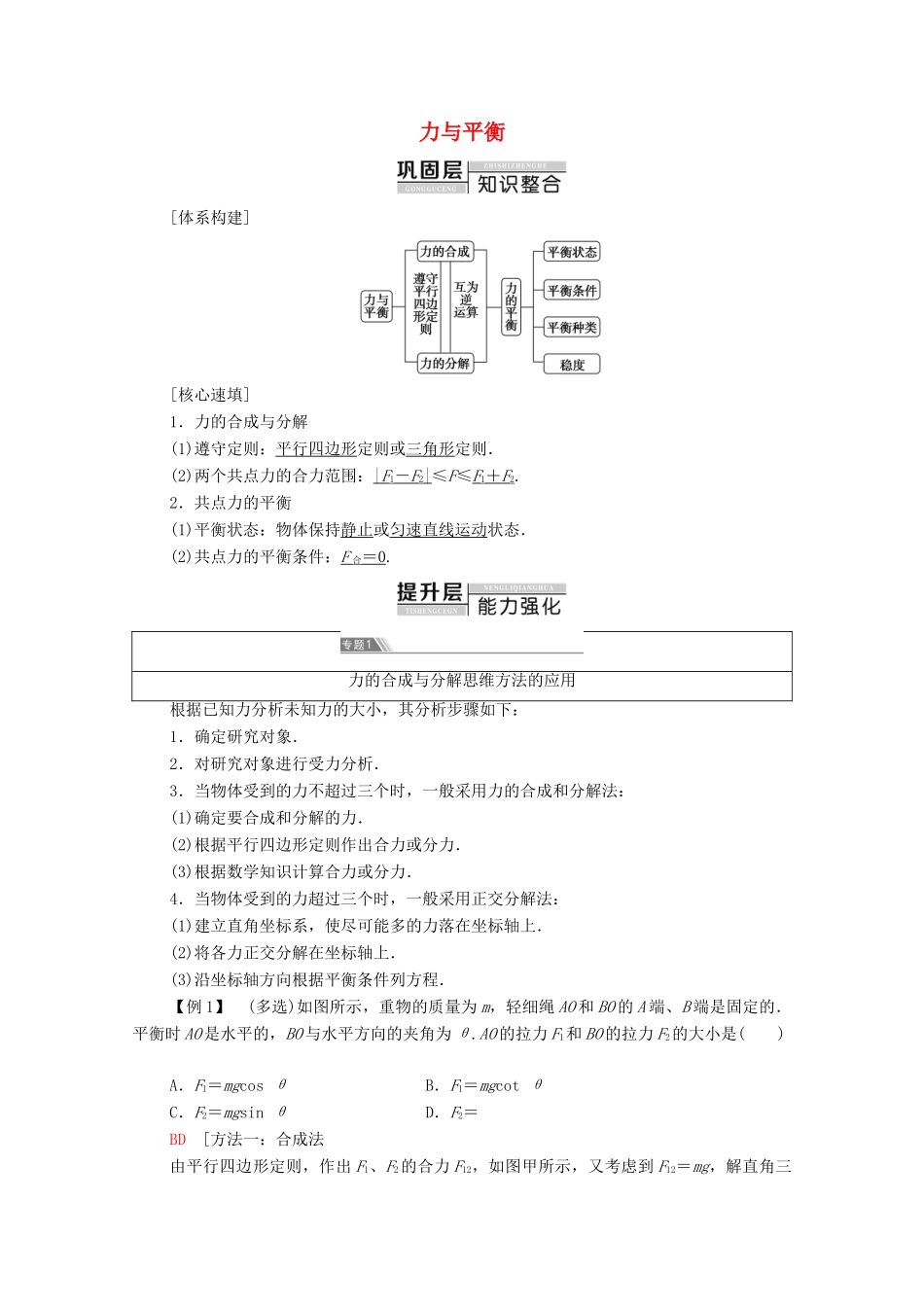 高中物理 第4章 力与平衡 章末综合提升学案 鲁科版必修1-鲁科版高中必修1物理学案_第1页