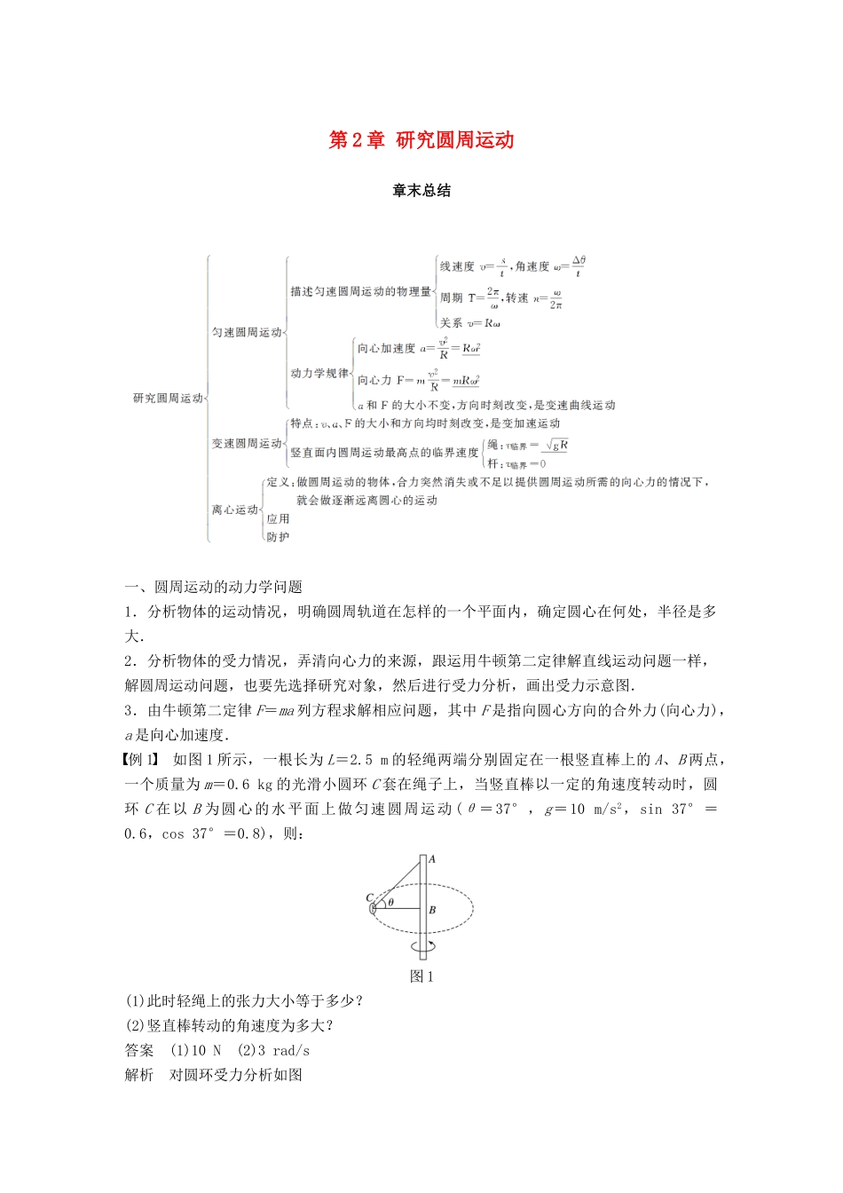 高中物理 第2章 研究圆周运动章末总结学案 沪科版必修2-沪科版高一必修2物理学案_第1页