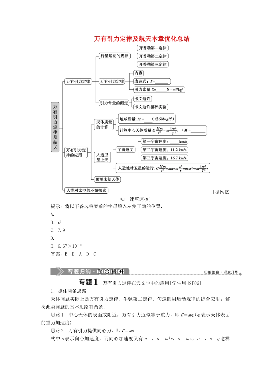 高中物理 第4章 万有引力定律及航天 本章优化总结学案 鲁科版必修第二册-鲁科版高一第二册物理学案_第1页