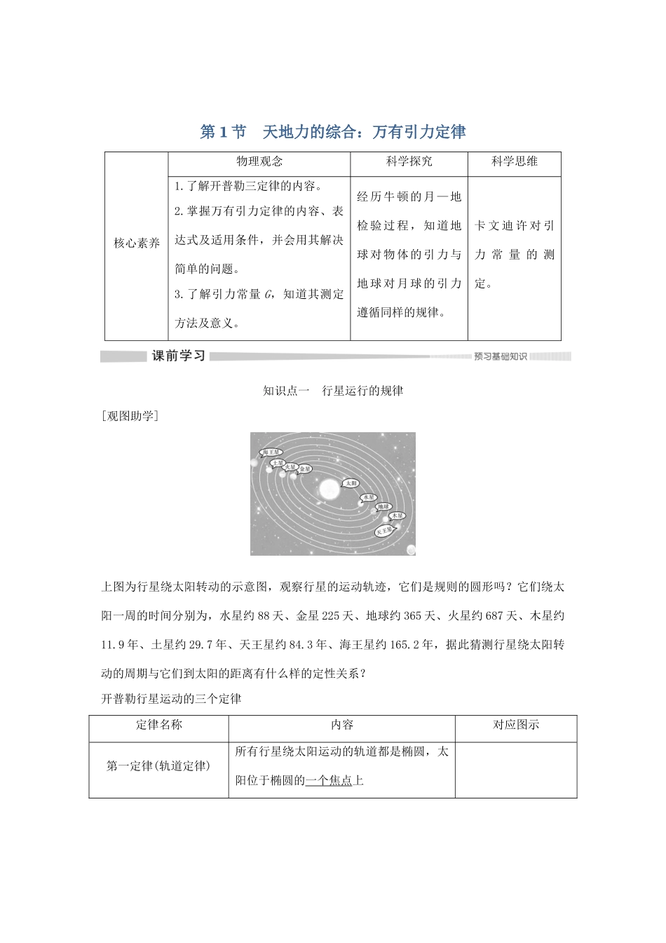 高中物理 第4章 万有引力定律及航天 第1节 天地力的综合：万有引力定律学案 鲁科版必修第二册-鲁科版高一第二册物理学案_第1页