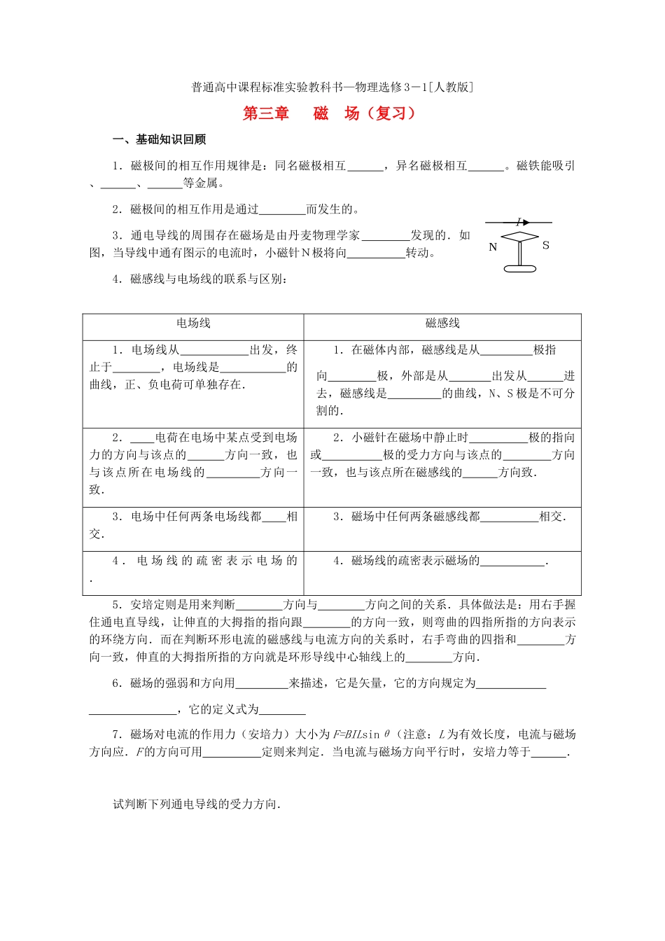高中物理 磁场第一单元复习资料素材 粤教版选修3-1_第1页