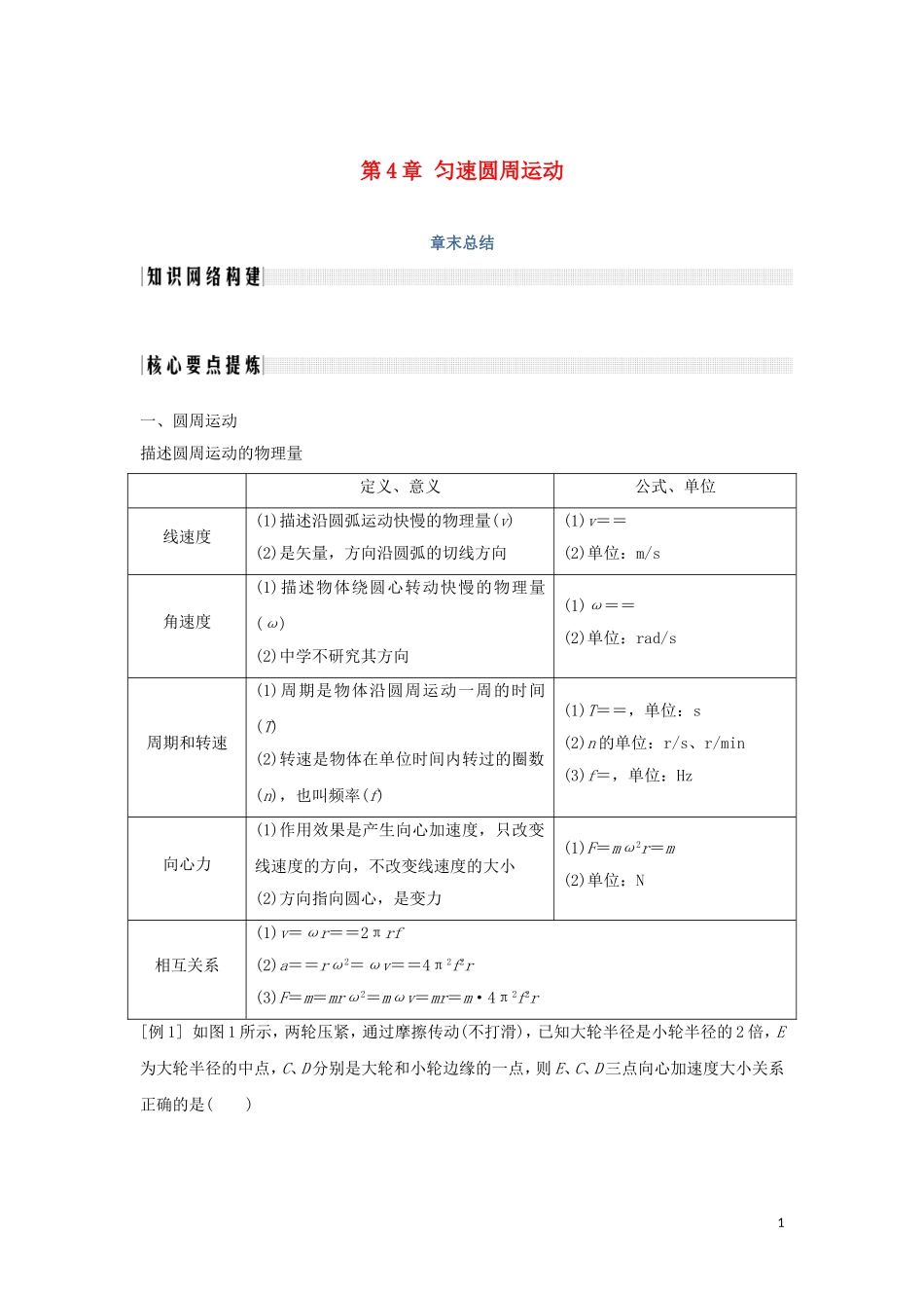 高中物理 第4章 匀速圆周运动章末总结学案 鲁科版必修2-鲁科版高一必修2物理学案_第1页