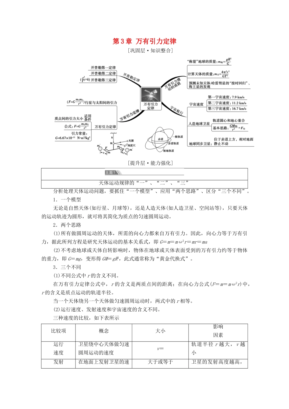 高中物理 第3章 万有引力定律 章末综合提升学案 粤教版必修第二册-粤教版高中必修第二册物理学案_第1页