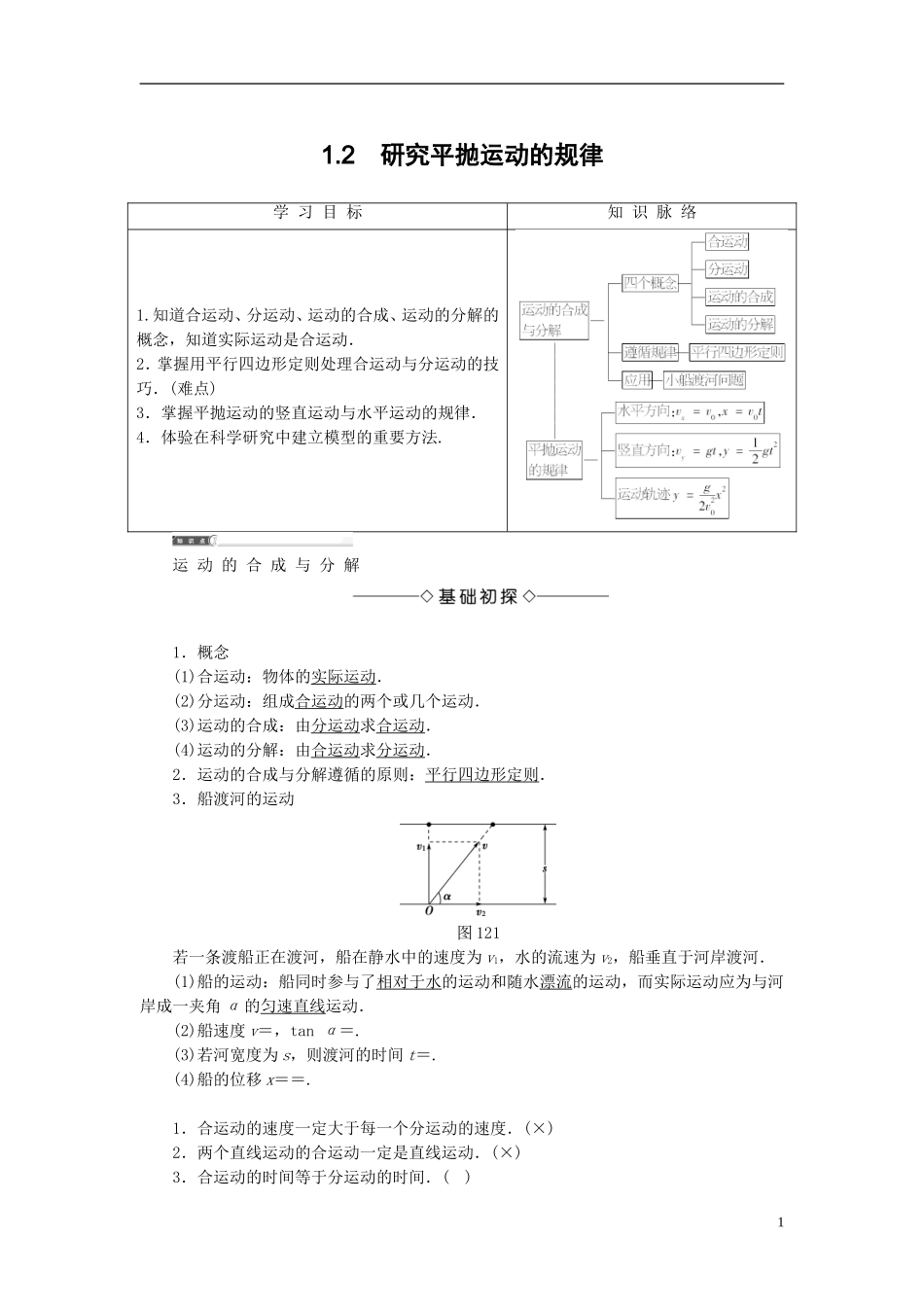 高中物理 第1章 怎样研究抛体运动 1.2 研究平抛运动的规律教师用书 沪科版必修2-沪科版高一必修2物理学案_第1页