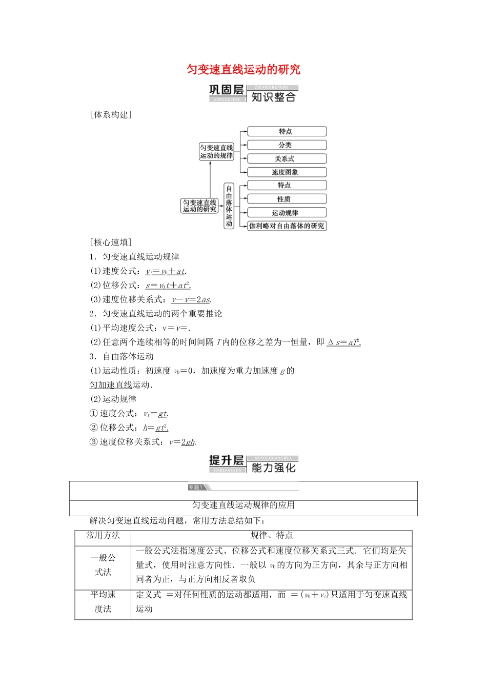 高中物理 第2章 匀变速直线运动的研究 章末综合提升学案 鲁科版必修1-鲁科版高中必修1物理学案_第1页