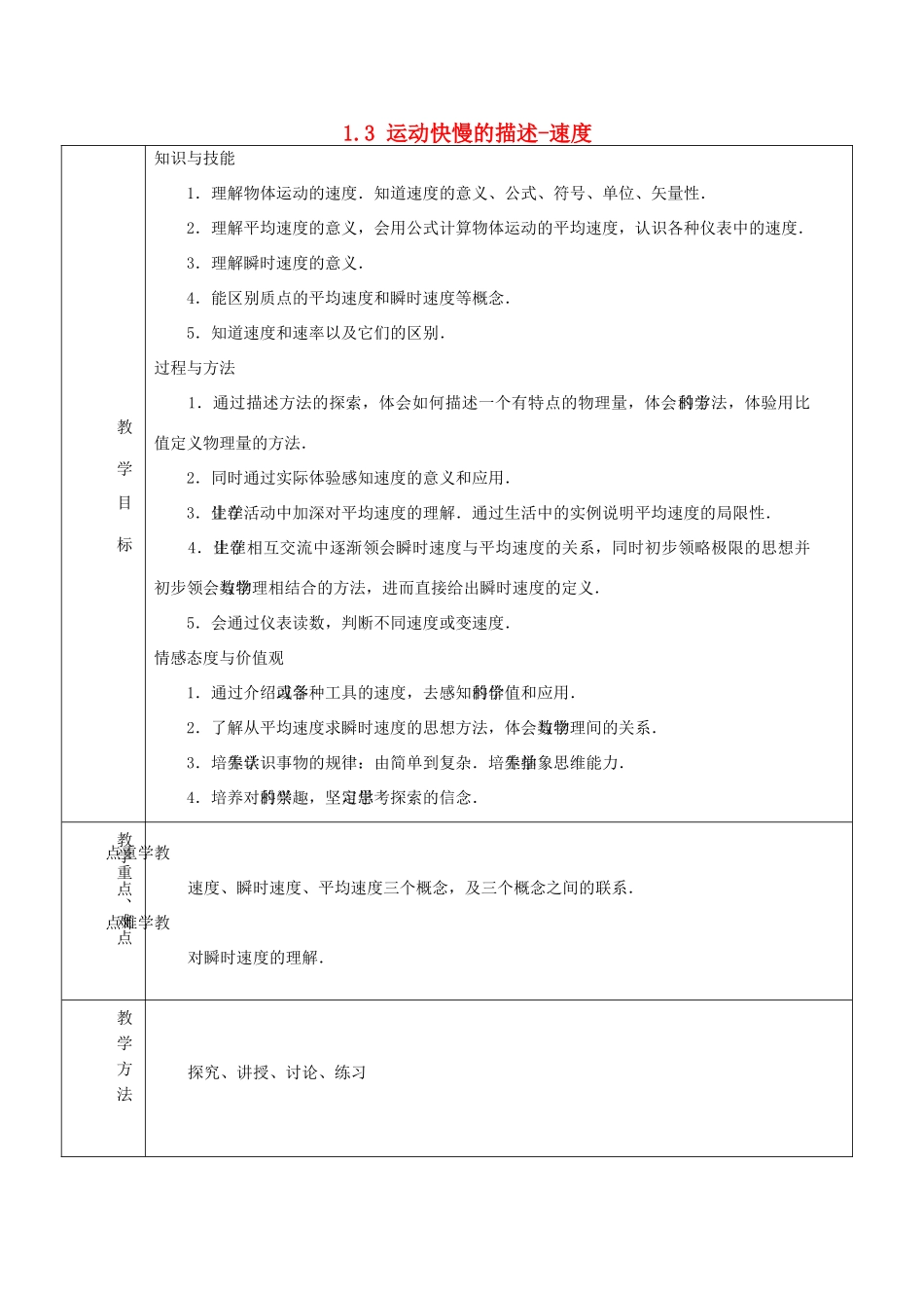 高中物理 第1章 1.3 运动快慢的描述-速度教案 新人教版必修1-新人教版高中必修1物理教案_第1页