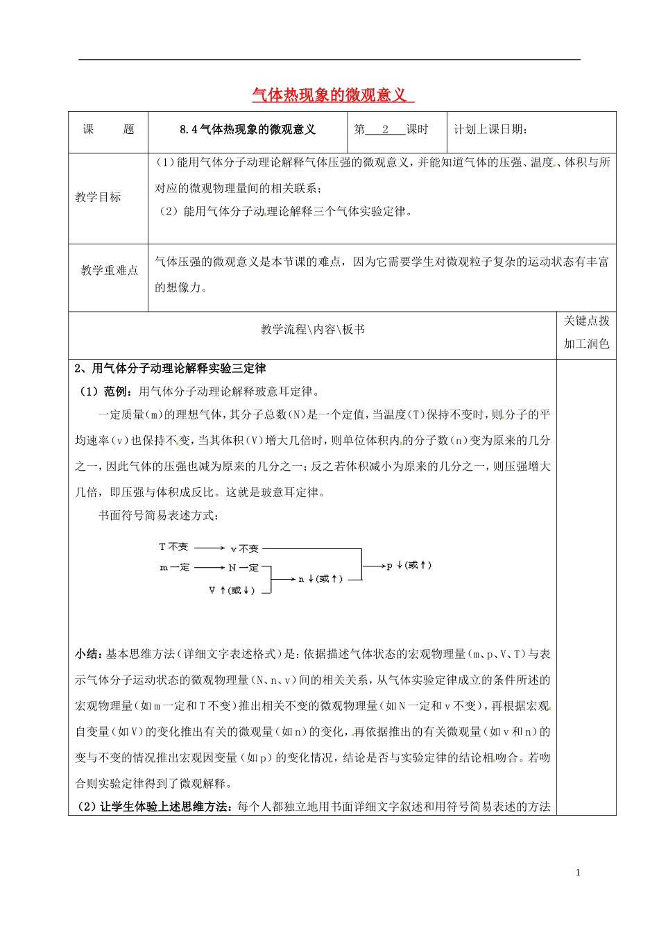 高中物理 8.4 气体热现象的微观意义（第2课时）教学案 新人教版选修3-3-新人教版高二选修3-3物理教学案_第1页