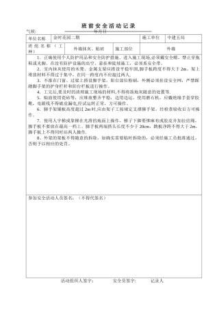 内、外墙抹灰班前安全活动记录