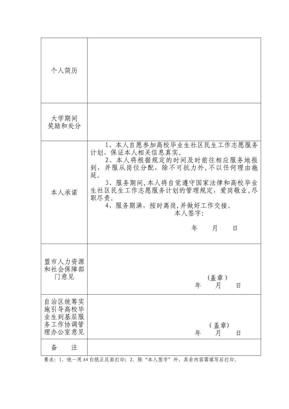 内蒙古自治区高校毕业生社区民生工作-志愿服务计划登记表_第2页