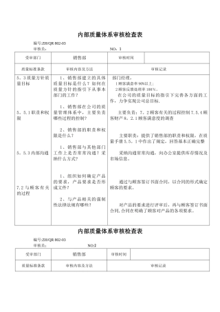 内部质量体系审核检查表-销售部