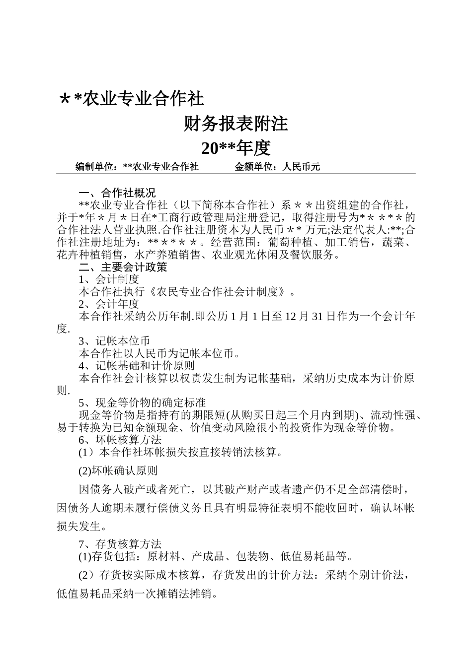 农业专业合作社财务报表附注_第1页